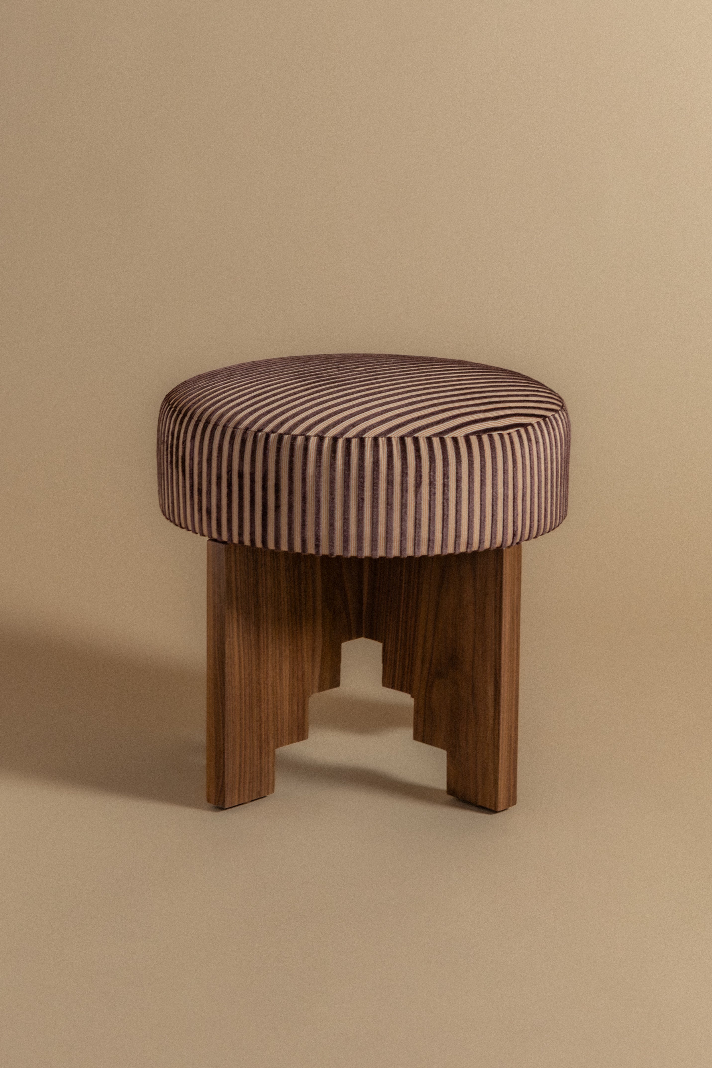 Odense Ottoman in Aubergine Stripe and Walnut