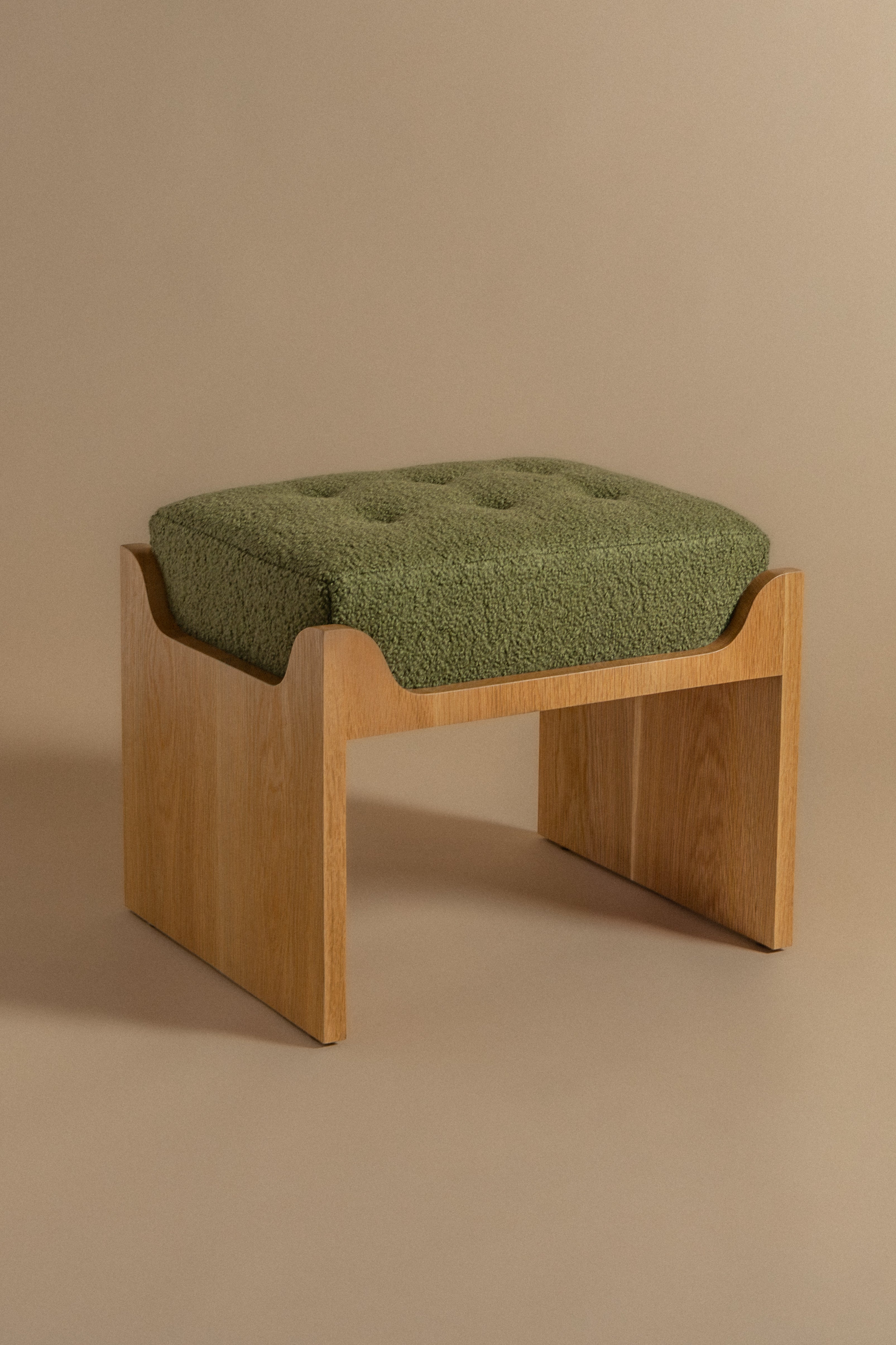 Sovra Ottoman in Moss Boucle and White Oak